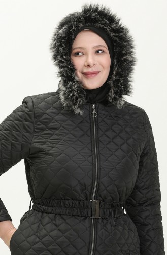 Manteau Matelassé à Ceinture de Grande Taille 5158-04 Noir 5158-04