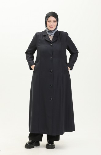 Plus Size Buttoned Lined Topcoat 0422-03 Navy Blue 0422-03