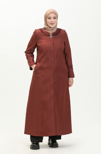 Plus Size Brooch Detailed Topcoat 0472-02 Brick Red 0472-02