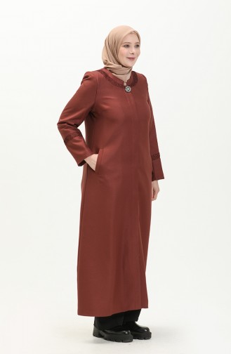 Plus Size Brooch Detailed Topcoat 0472-02 Brick Red 0472-02