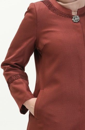 Plus Size Brooch Detailed Topcoat 0472-02 Brick Red 0472-02