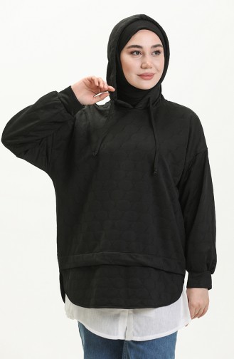 Yuvarlak Desen Kapüşonlu Sweat Siyah