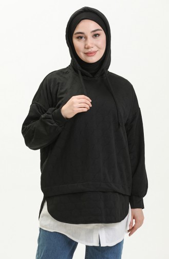 Yuvarlak Desen Kapüşonlu Sweat Siyah