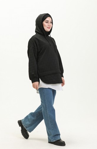 Yuvarlak Desen Kapüşonlu Sweat Siyah