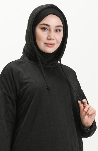 Yuvarlak Desen Kapüşonlu Sweat Siyah