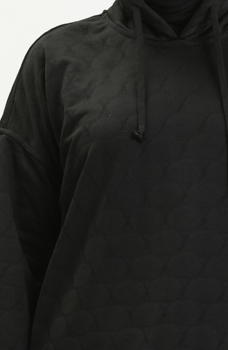 Yuvarlak Desen Kapüşonlu Sweat Siyah