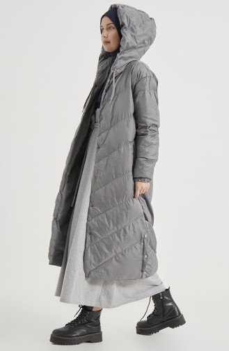 Çapraz Dikişli Uzun Şişme Mont 8002-01 Gri