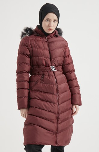 Fur Hooded Puffer Coat 8008-05 Claret Red 8008-05