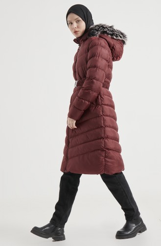 Manteau Matelassé à Capuche en Fourrure 8008-05 Bordeaux 8008-05