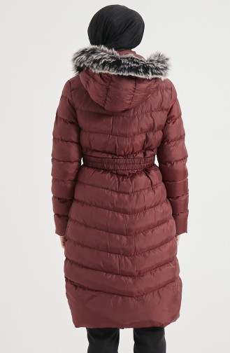 Fur Hooded Puffer Coat 8008-05 Claret Red 8008-05