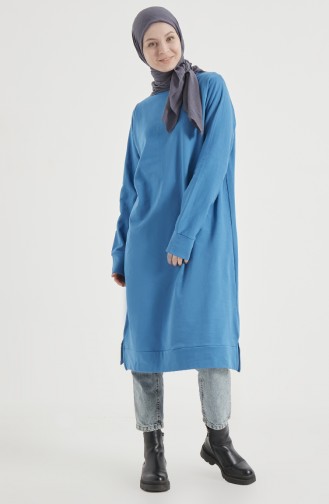 Çivit Mavisi Bisiklet Yaka Yırtmaç Detaylı Basic Örme Sweatshirt 10382