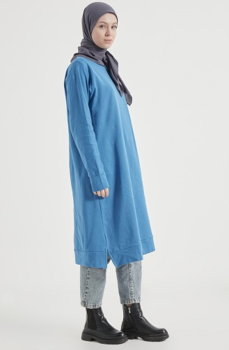 Çivit Mavisi Bisiklet Yaka Yırtmaç Detaylı Basic Örme Sweatshirt 10382