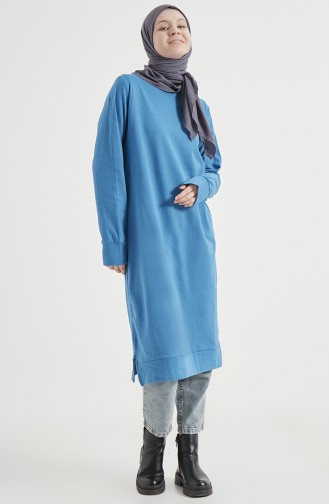 Çivit Mavisi Bisiklet Yaka Yırtmaç Detaylı Basic Örme Sweatshirt 10382