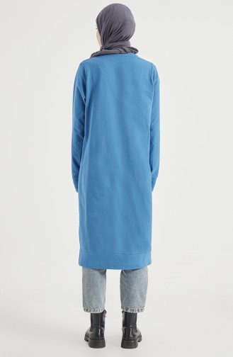 Çivit Mavisi Bisiklet Yaka Yırtmaç Detaylı Basic Örme Sweatshirt 10382