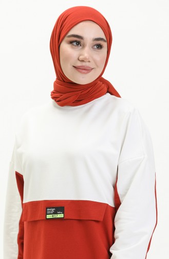 İki İplik Renk Bloklu Sweatshirt 55721-01 Beyaz Kiremit