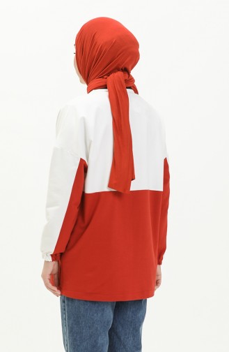 İki İplik Renk Bloklu Sweatshirt 55721-01 Beyaz Kiremit