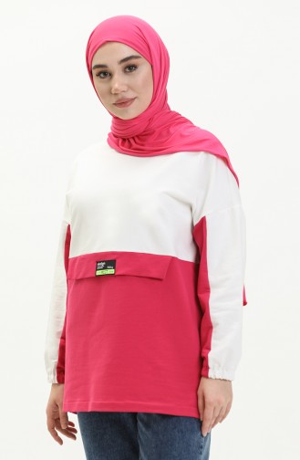 Zweifädiges Sweatshirt mit Farbblock 55721-02 Weiß-Fuchsia 55721-02