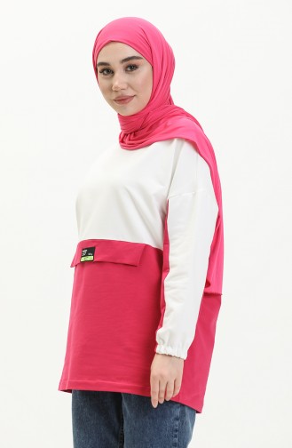 İki İplik Renk Bloklu Sweatshirt 55721-02 Beyaz Fuşya
