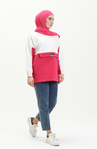 Zweifädiges Sweatshirt mit Farbblock 55721-02 Weiß-Fuchsia 55721-02