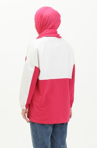 İki İplik Renk Bloklu Sweatshirt 55721-02 Beyaz Fuşya