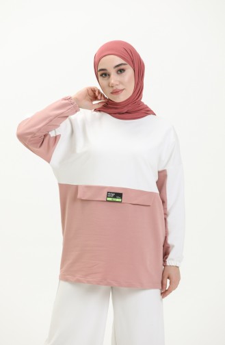 İki İplik Renk Bloklu Sweatshirt 55721-03 Beyaz Pudra