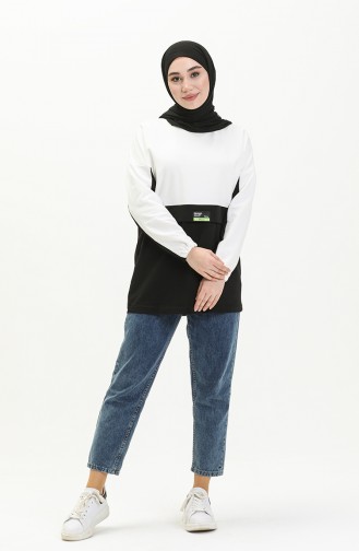 İki İplik Renk Bloklu Sweatshirt 55721-04 Beyaz Siyah