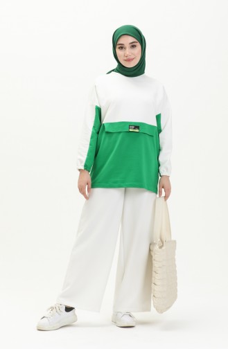 İki İplik Renk Bloklu Sweatshirt 55721-05 Beyaz Zümrüt Yeşili