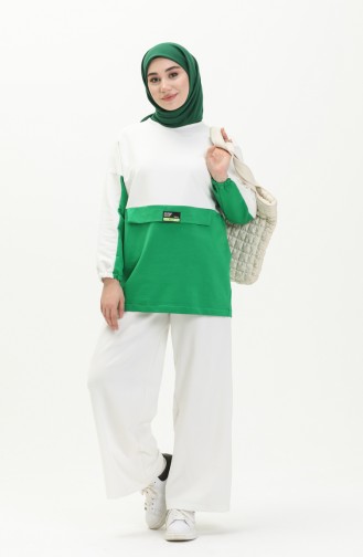 İki İplik Renk Bloklu Sweatshirt 55721-05 Beyaz Zümrüt Yeşili