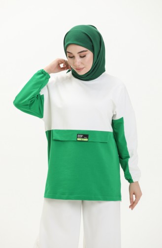 İki İplik Renk Bloklu Sweatshirt 55721-05 Beyaz Zümrüt Yeşili