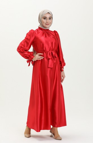 Saten Kuşaklı Elbise 80153-01 Kırmızı
