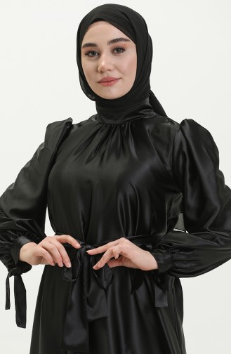 فستان ساتان بحزام 80153-03  أسود 80153-03