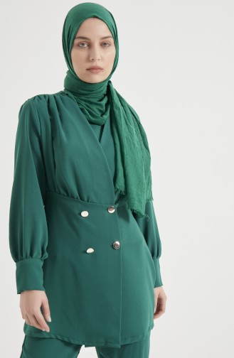 Omzu Büzgülü Düğme Detaylı Takım Zümrüt Yeşili