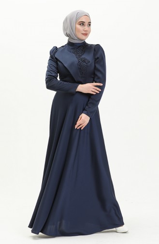Navy Blue Hijab Evening Dress 3965