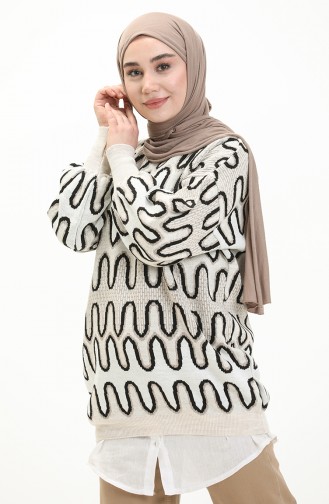 Patterned Balloon Sleeve Sweater 80055-01 Black Beige 80055-01