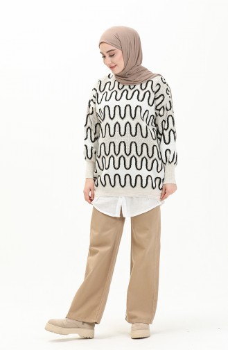 Patterned Balloon Sleeve Sweater 80055-01 Black Beige 80055-01