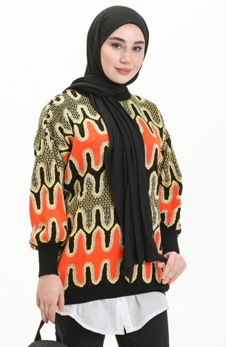 Patterned Balloon Sleeve Sweater 80055-03 Black Yellow 80055-03