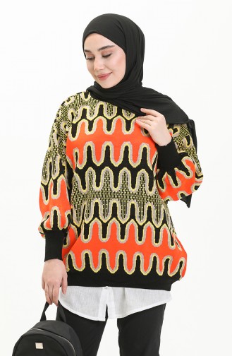 Patterned Balloon Sleeve Sweater 80055-03 Black Yellow 80055-03