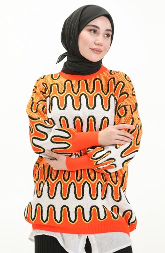 Trikot gemusterter Pullover mit Ballonärmeln 80055-04 Orange-Weiß 80055-04