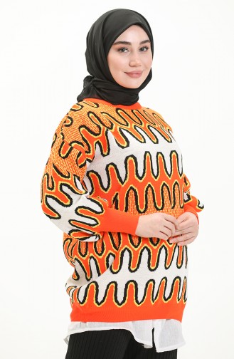 Trikot gemusterter Pullover mit Ballonärmeln 80055-04 Orange-Weiß 80055-04