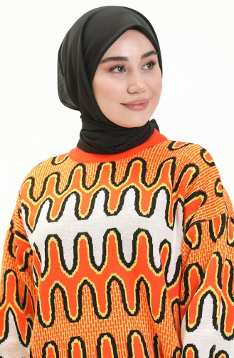 Trikot gemusterter Pullover mit Ballonärmeln 80055-04 Orange-Weiß 80055-04