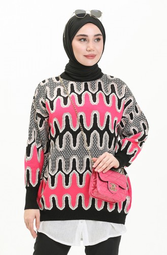 Trikot gemusterter Pullover mit Ballonärmeln 80055-05 Beige-Schwarz 80055-05