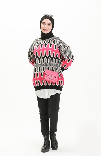 Trikot gemusterter Pullover mit Ballonärmeln 80055-05 Beige-Schwarz 80055-05