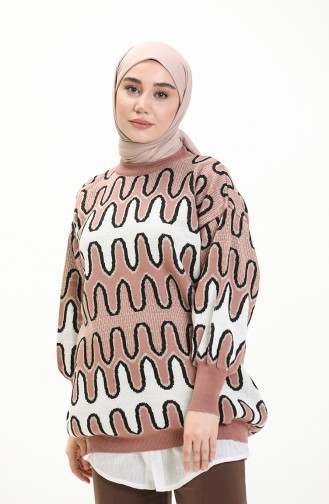 Trikot gemusterter Pullover mit Ballonärmeln 80055-07 Rosa-Schwarz 80055-07