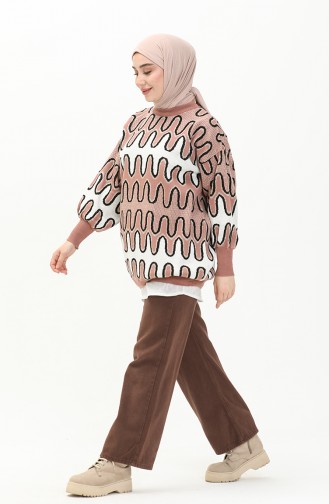 Trikot gemusterter Pullover mit Ballonärmeln 80055-07 Rosa-Schwarz 80055-07