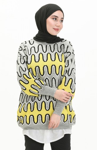 Patterned Balloon Sleeve Sweater 80055-08 Gray Yellow 80055-08