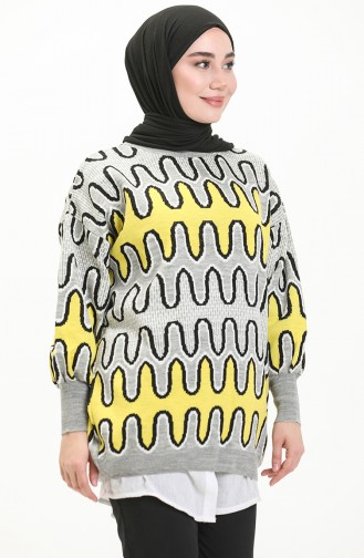 Pull Tricot à Motifs Manches Ballon 80055-08 Gris Jaune 80055-08