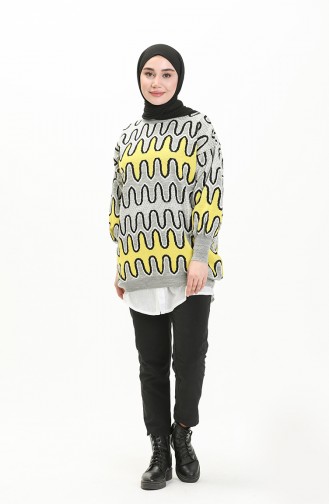 Patterned Balloon Sleeve Sweater 80055-08 Gray Yellow 80055-08