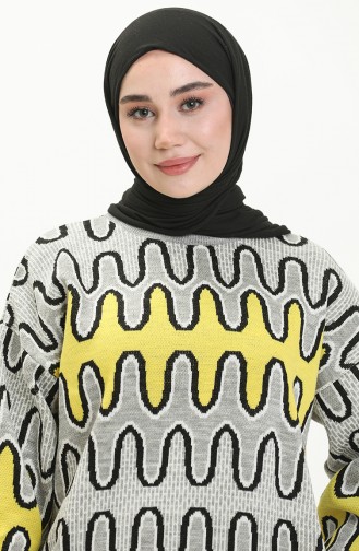 Patterned Balloon Sleeve Sweater 80055-08 Gray Yellow 80055-08