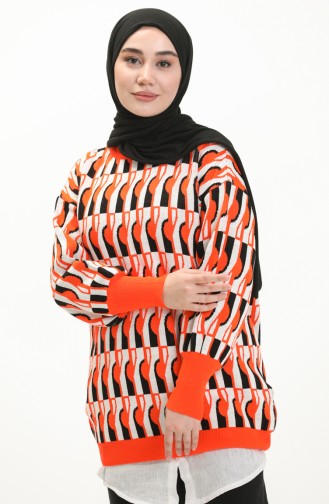 Trikot gemusterter Pullover mit Ballonärmeln 80056-01 Orange-Schwarz 80056-01