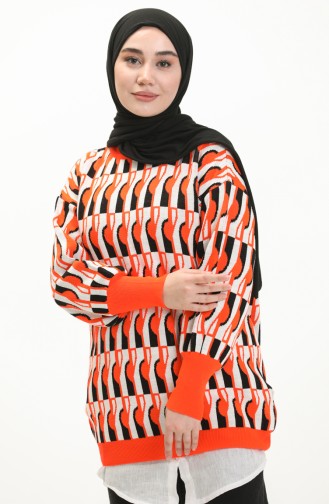 Pull Tricot à Motifs Manches Ballon 80056-01 Orange Noir 80056-01